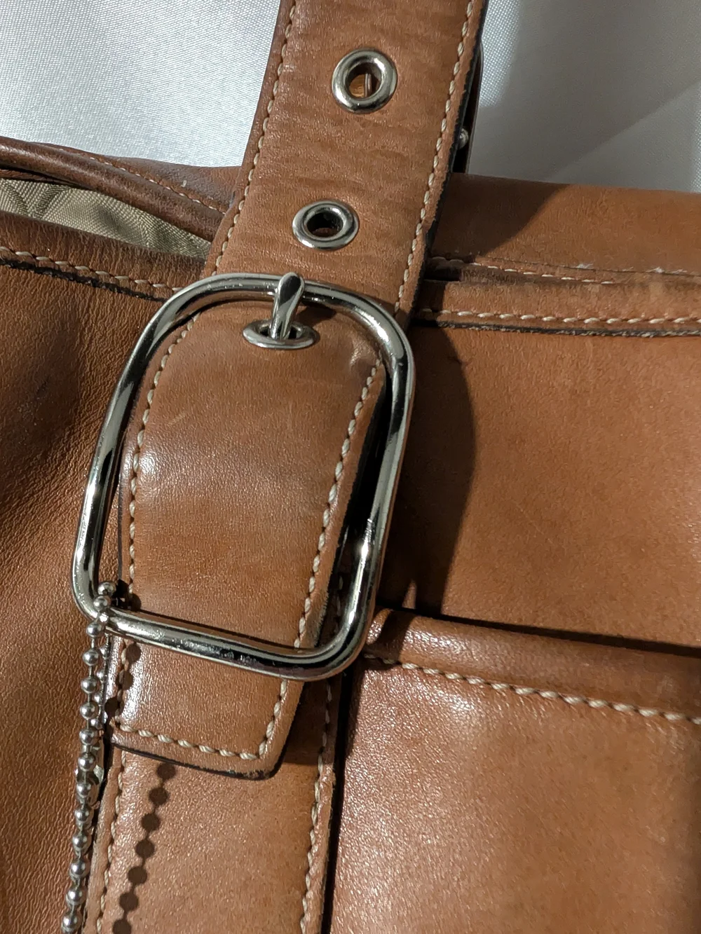 Y2K Coach Brown Leather Tote Bag with Buckle Straps Key Tag Medium To Large